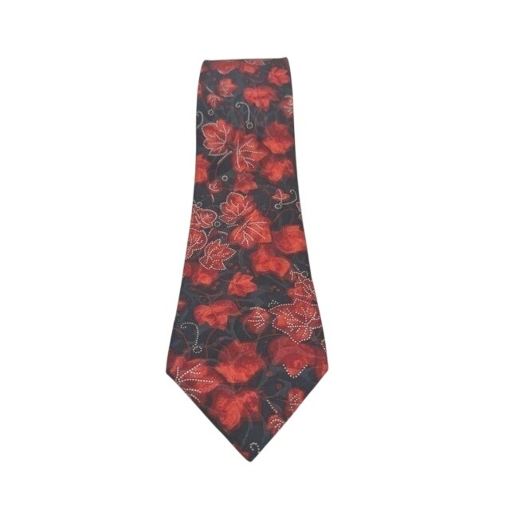 Lanvin Paris Silk Tie Red Blue Floral Maple Leaf Pattern Wide Made in France